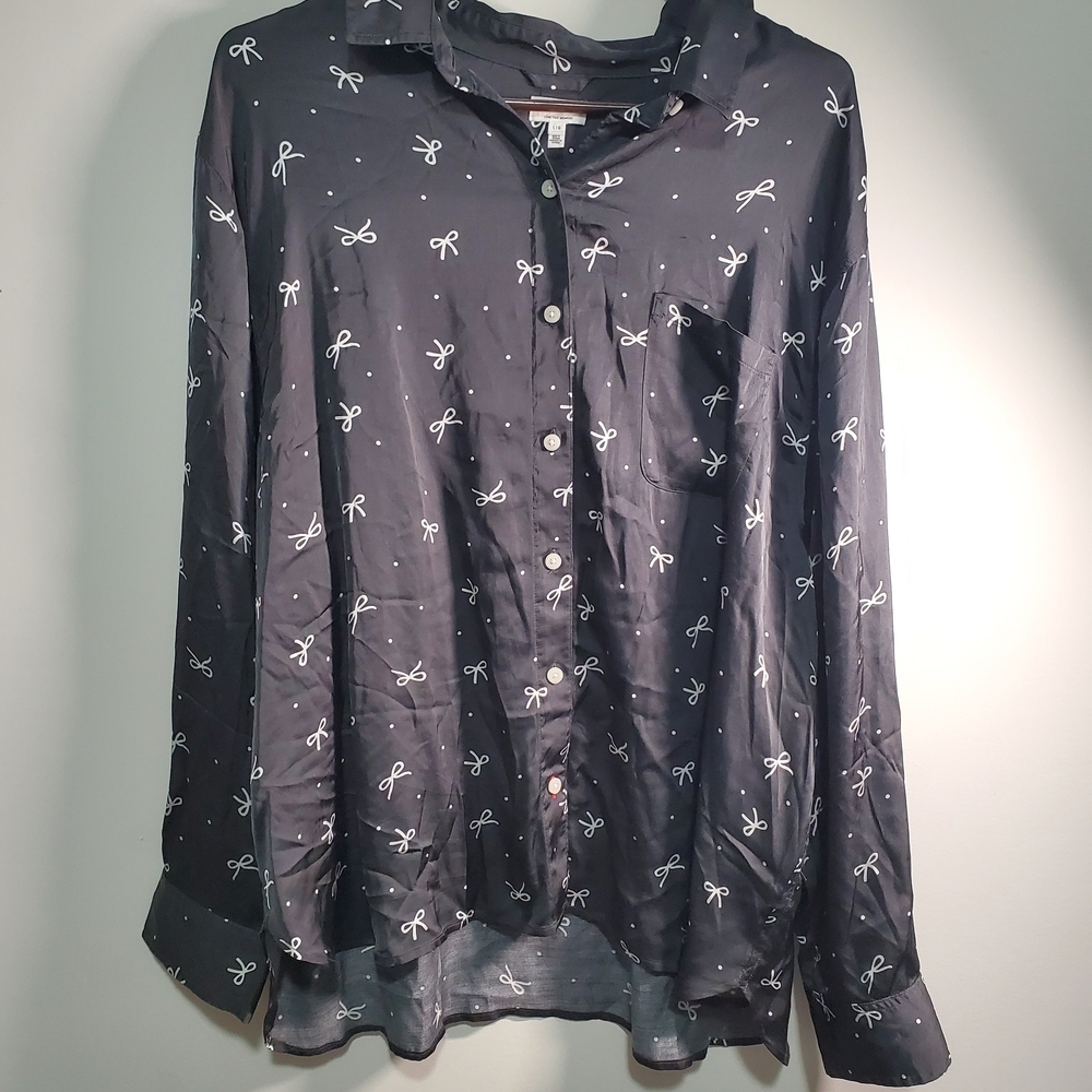 Aerie Black Blouse with White Bow Print
